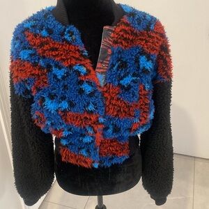 KENZO & H&M collab Sherpa Cropped Teddy Bomber Red/Blue/Black Jacket Size 4